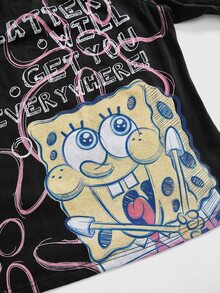 SpongeBob SquarePants | ROMWE Plus Size Cute Hand-Painted Pattern Print Versatile Asymmetrical Shoulder Long Sleeve T-Shirt - Black - View 2