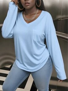 INAWLY Plus Size V-Neck Long Sleeve T-Shirt Fall Cloth For Women - Baby Blue - View 3