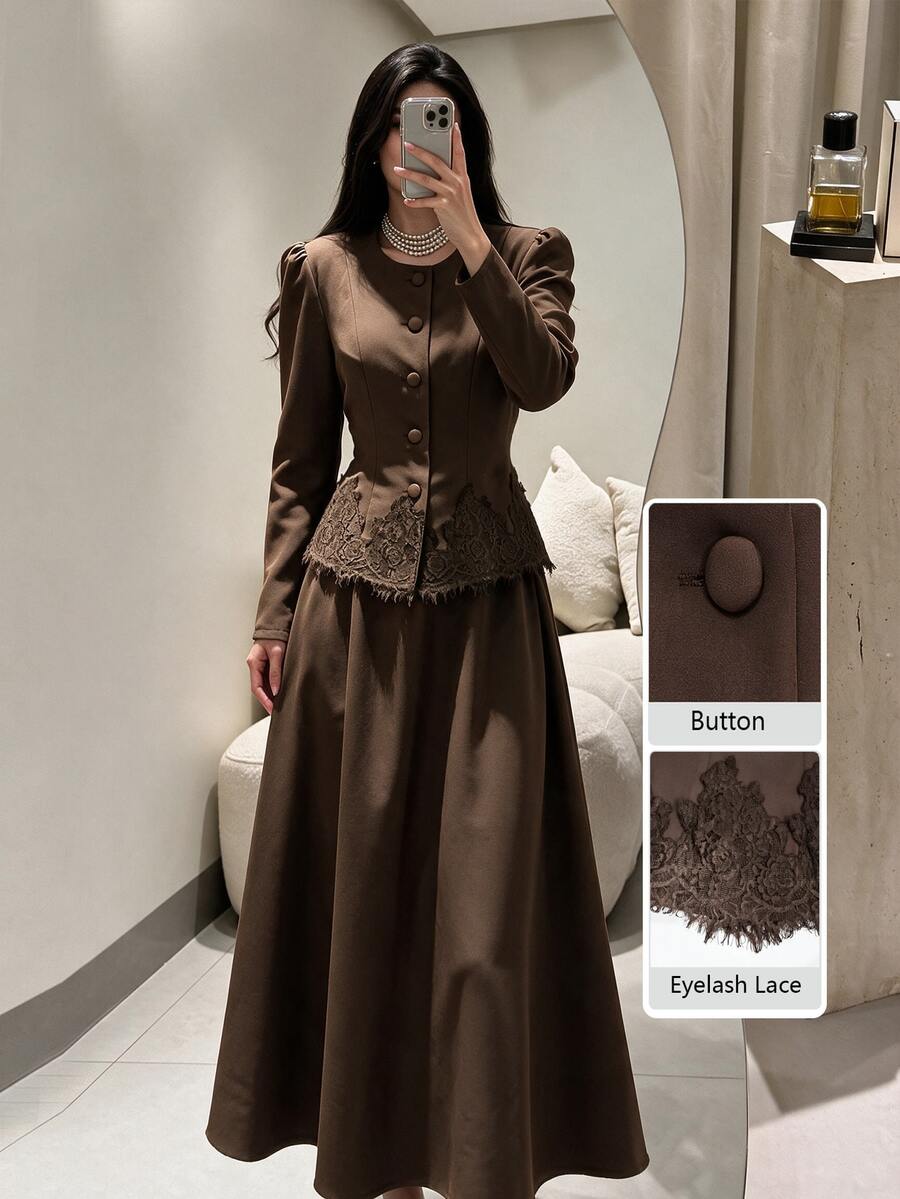 Modelyn Women's Elegant Vintage Fashion High-End Cinched Waist Lace Patchwork Long Sleeve Top And A-Line Skirt 2 Pieces Set Dinner Party Coffee Brown Fall