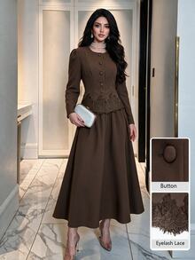 Modelyn Women's Elegant Vintage Fashion High-End Cinched Waist Lace Patchwork Long Sleeve Top And A-Line Skirt 2 Pieces Set Dinner Party Coffee Brown Fall - Brown - View 9