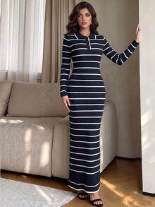 Modelyn Women's Polo Collar Striped Contrast Color Autumn/Winter Long Sleeve Sweater Dress - Royal Blue - View 3