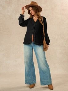 Boho Mama Maternity V-Neck Casual Everyday Outing Blouse - Black - View 9