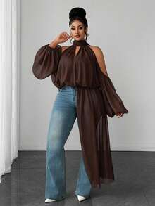 Maweii Plus Size Sexy Cold Shoulder Design Asymmetrical Hemline Blouse - Brown - View 4