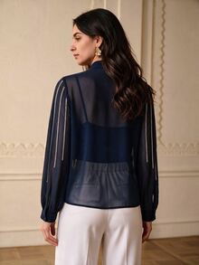 ZEYLAH Women's Tie Neck Casual Daily Wear Blouse - Navy Blue - View 6