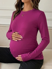 Dazy Maternity Solid Color Slim Fit Round Neck Long Sleeve Casual Soft Vacation Korean Style Spring Autumn Maternity T-Shirt Formal Photoshoot White - Burgundy - View 5