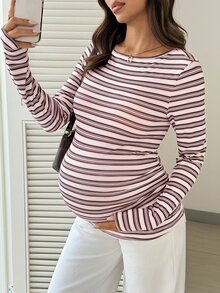 SHEIN Maternity Casual Striped Colorblock Long Sleeve Daily T-Shirt - Pink - View 1