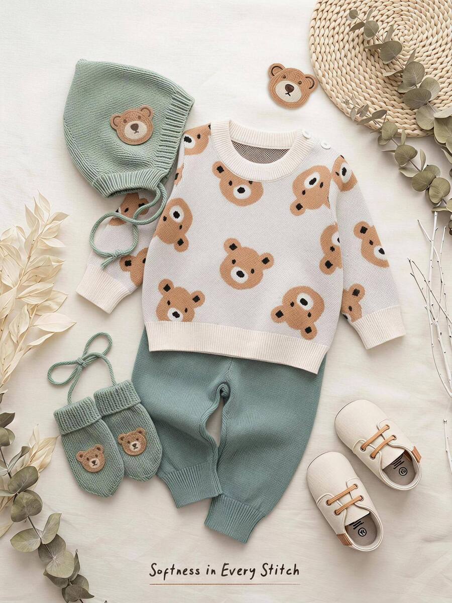 Cozy Pixies مجموعة من قطعتين للأطفال حديثي الولادة، كنزة صوفية وبنطال طويل بتصميم دب كرتوني لطيف، مناسبة للخريف/الشتاء - متعدد الألوان - مشاهدة 1