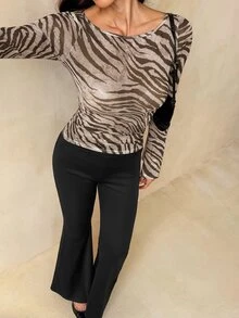 SHEIN Tall Women's Casual Zebra Print Mesh Bell Sleeve Fitted Top, Elegant Autumn/Winter Outfit - Khaki - View 5