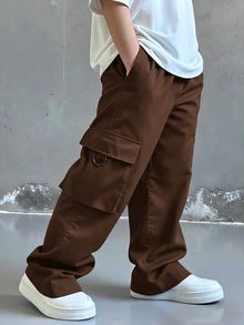 SHEIN 兒童青少年男孩休閒日常舒適工裝直筒寬鬆長褲，黑色工裝褲，新年款，6-7歲適用，適合外出、約會、上學，春秋秋冬四季穿著 - 棕色 - 查看 1