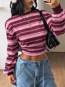Coolane 女款秋季四季通用外出休閒可愛復古日常穿著返校條紋拼色粉色修身長袖收腰上衣 - 粉色 - 查看 4