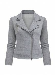 SHEIN EZwear 女款大尺碼紋理布料翻領拉鍊休閒機車夾克 - 灰色 - 查看 4