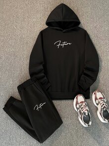 Sorvial Black Knit Men's Hoodie & Sweatpants Set, Minimalist Letter Pattern, Men's Sports Outfit - Black - View 1