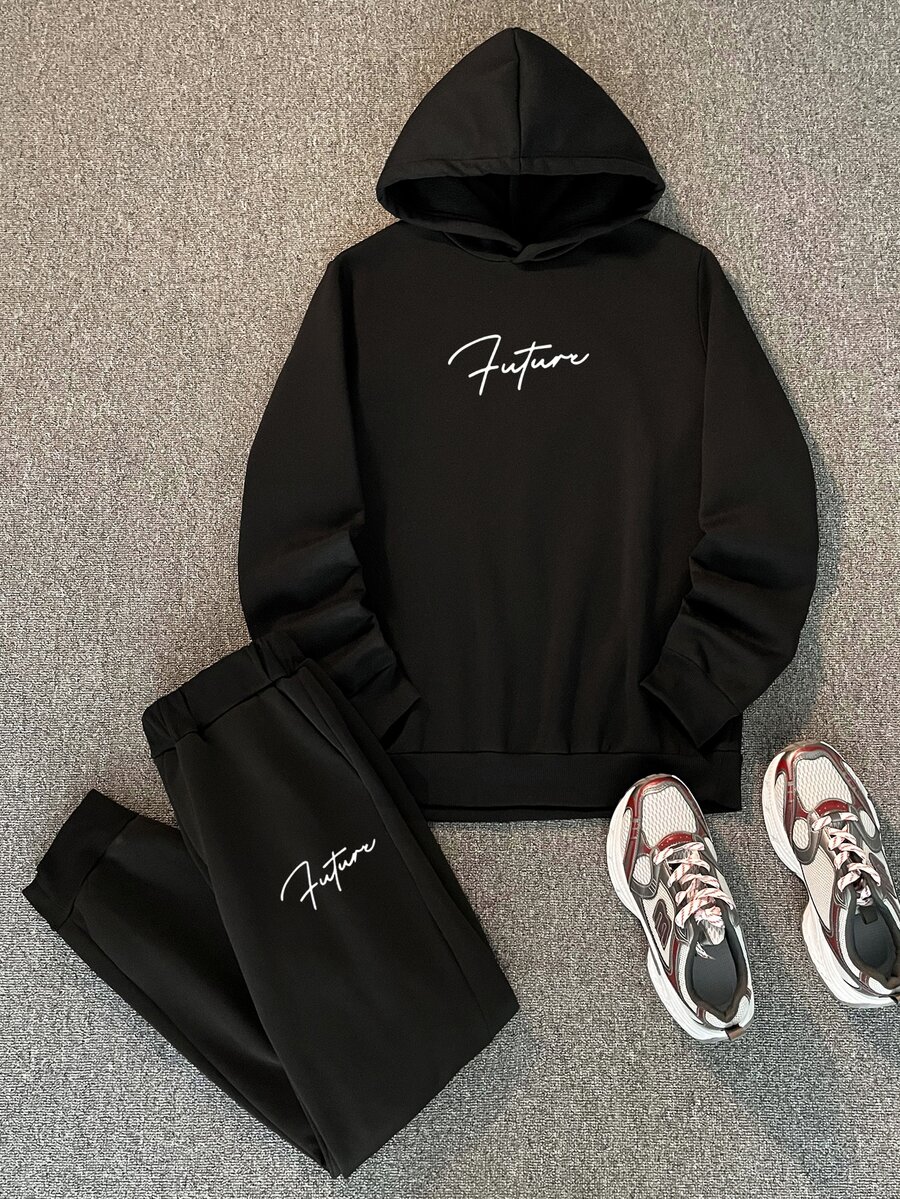 Sorvial Black Knit Men's Hoodie & Sweatpants Set, Minimalist Letter Pattern, Men's Sports Outfit - Black - View 1