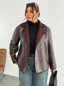 Firerie Plus Size Button Faux Fur & PU Material Patchwork Jacket - Brown - View 4