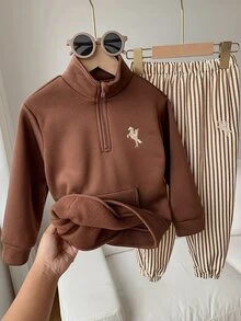 SHEIN 2件組兒童小男孩小女孩秋冬立領長袖條紋運動衫長褲套裝 男童套裝 - 彩色 - 查看 4