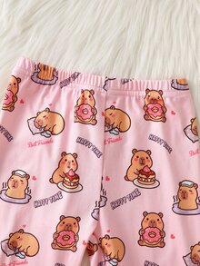 SHEIN 2件組女童長袖上衣與長褲套裝，粉色水豚印花，簡約休閒舒適柔軟修身居家服，適合春秋季 - 粉色 - 查看 8