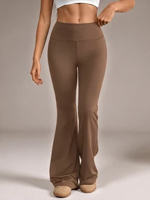 SHEIN Tall 女款純色修身百搭日常穿著喇叭褲 - 卡其色 - 查看 3