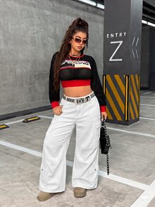 SHEIN Unity 大尺碼女款工裝口袋寬腿寬鬆休閒牛仔褲 - 白色 - 查看 1