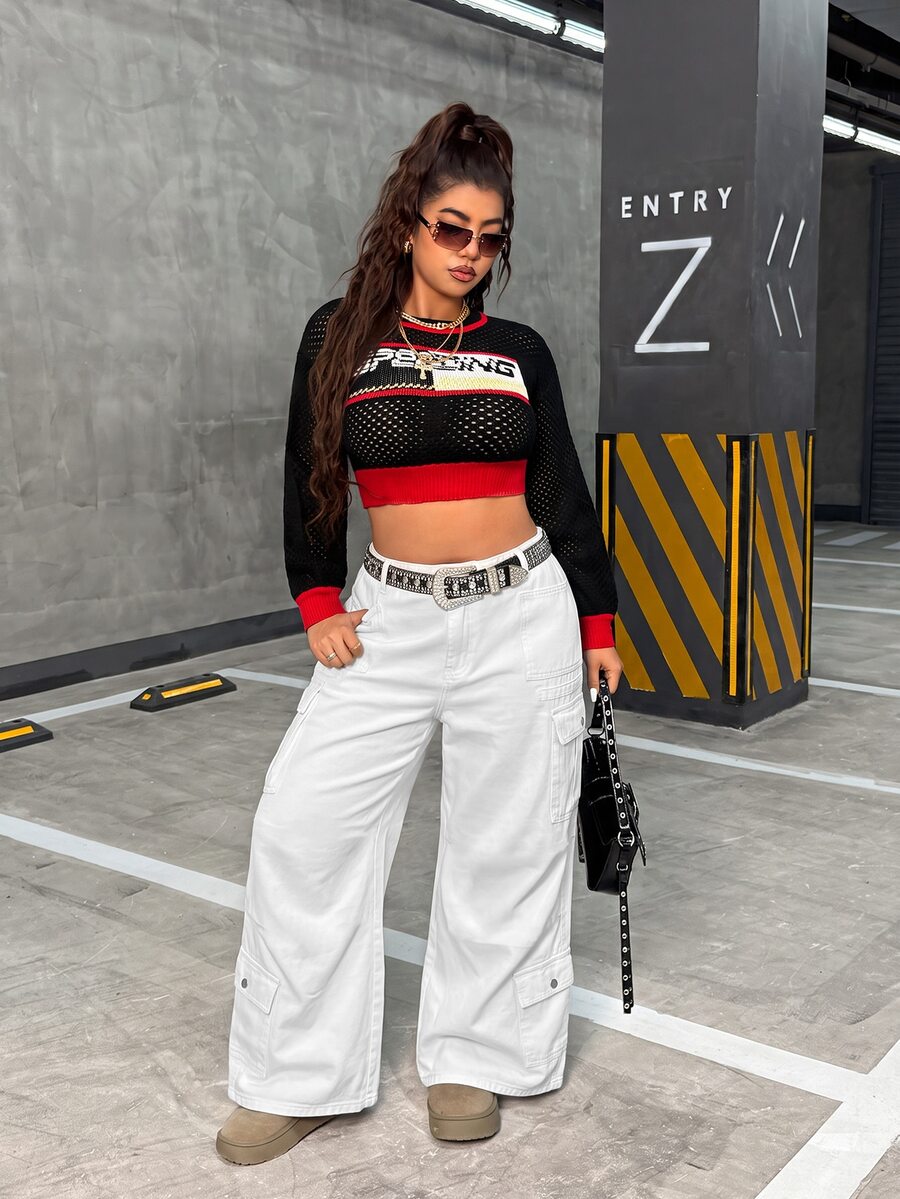 SHEIN Unity 大尺碼女款工裝口袋寬腿寬鬆休閒牛仔褲 - 白色 - 查看 1