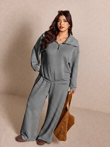 Elaquor 大尺碼女款休閒白色拉鍊夾克褲裝兩件套 條紋套裝 秋季正式度假款 - 黑與白 - 查看 5