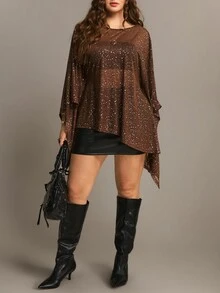 Freevana Women's Plus-Size Sheer Shimmering Top, Loose Brown Long-Sleeve Blouse, Elegant Flowy Outfit For Parties And Nights Out, Fall/Winter Fashion, Boho - Coffee Brown - View 5