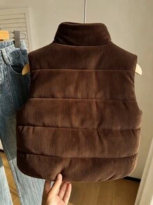 SHEIN 少女女童服飾 女款保暖背心 蓬鬆羽絨背心 抓絨內裡 秋季 健身運動 米白色 簡約圖案 健身運動 - 棕色 - 查看 2