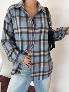 DAZY Women's Casual Vacation Button-Up Plaid Long Sleeve Shirt - Khaki - View 5