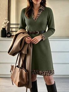 Weeklong Plus Size Ribbed Fleece Knit Mini Dress Leopard Print 2 In 1 Long Sleeve Casual Outfit - Army Green - View 5