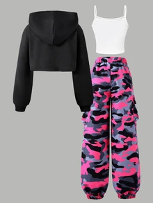 SHEIN 青少年女孩字母短版連帽背心上衣與迷彩工裝褲三件式街頭風套裝 - 彩色 - 查看 2