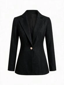 SHEIN Clasi 女款金屬鈕扣長袖西裝外套與寬鬆長褲兩件套 - 黑色 - 查看 4