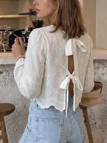 Serisse Women's Embroidered Back Bow Decor Fashion Blouse - White - View 5