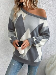 SHEIN LUNE 女款街頭風不對稱肩鑽紋提花針織衫 - 彩色 - 查看 3
