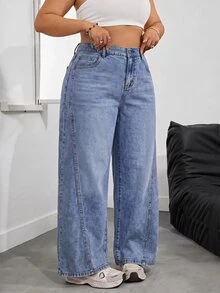 SHEIN EZwear 大尺碼女款高腰口袋寬腿鬆垮休閒百搭牛仔褲 - 藍色 - 查看 3
