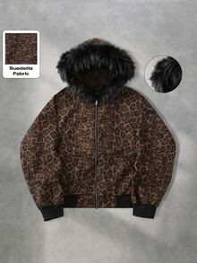 ROMWE MEN Street Life Teen Boy Leopard Print Zip-Up Faux Fur Hooded Sweatshirt - Brown - View 1