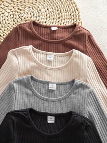 SHEIN Young Girl 4件組針織純色圓領休閒T恤套裝，適合秋季、秋季氛圍、慵懶隨性、農場、戶外 - 彩色 - 查看 6