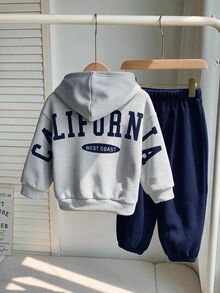 兒童小男孩休閒極簡寬鬆長袖連帽衛衣2件套，適合秋冬穿著 - 彩色 - 查看 1