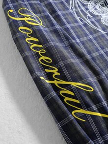 ROMWE MEN Street Life Men's Letter Print Long Sleeve Plaid Single-Breasted Casual Shirt - Blue - View 8