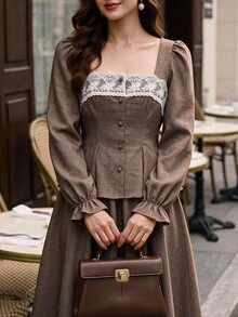 Vintamour Women's Elegant 2 Pieces Set With Contrast Lace Single-Breasted Shirt And Skirt - Brown - View 3