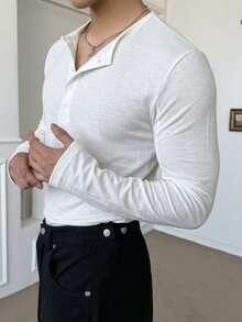 DAZY Spring/Autumn Round Neck Half-Button White Long Sleeve Men's T-Shirt - White - View 3