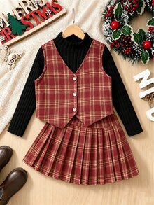 SHEIN 女款復古紅色格紋三件套，高領黑色羅紋針織內搭，搭配同款格紋V領背心＋百褶迷你裙，經典格紋配色，俐落剪裁，滿分學院風，層次感強，適合日常穿搭與拍照 - 彩色 - 查看 4