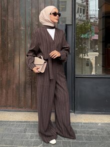DAZY Women's Striped Long Sleeve Single-Breasted Shirt And Wide Leg Pants Casual 2 Pieces Set - Coffee Brown - View 6
