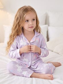SHEIN 女童甜美可愛優雅休閒日常舒適粉色獨角獸彩虹卡通印花開襟長袖上衣與長褲2件套居家服 - 紫色 - 查看 6