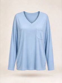 INAWLY Plus Size V-Neck Long Sleeve T-Shirt Fall Cloth For Women - Baby Blue - View 5