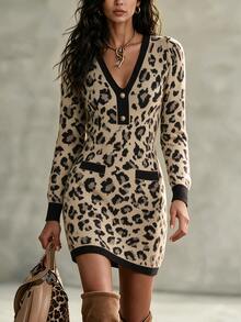 SHEIN Women Leopard Print V‑Neck Knit Mini Dress, Contrast Trim Button Detail Long Sleeve Bodycon Sweater - Multicolor - View 6