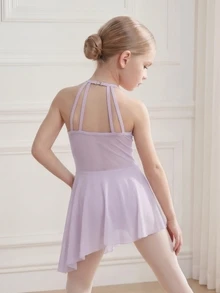 SHEIN Young Girls Clothes Solid Color Asymmetric Hem Halter Neck Sports, Cute, Christmas, Back To School - Purple - View 2