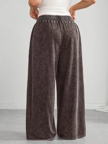 SHEIN CURVE+ 大尺碼黑色直筒寬鬆休閒長褲，紋理羊毛，2026秋冬 22W - 棕色 - 查看 2