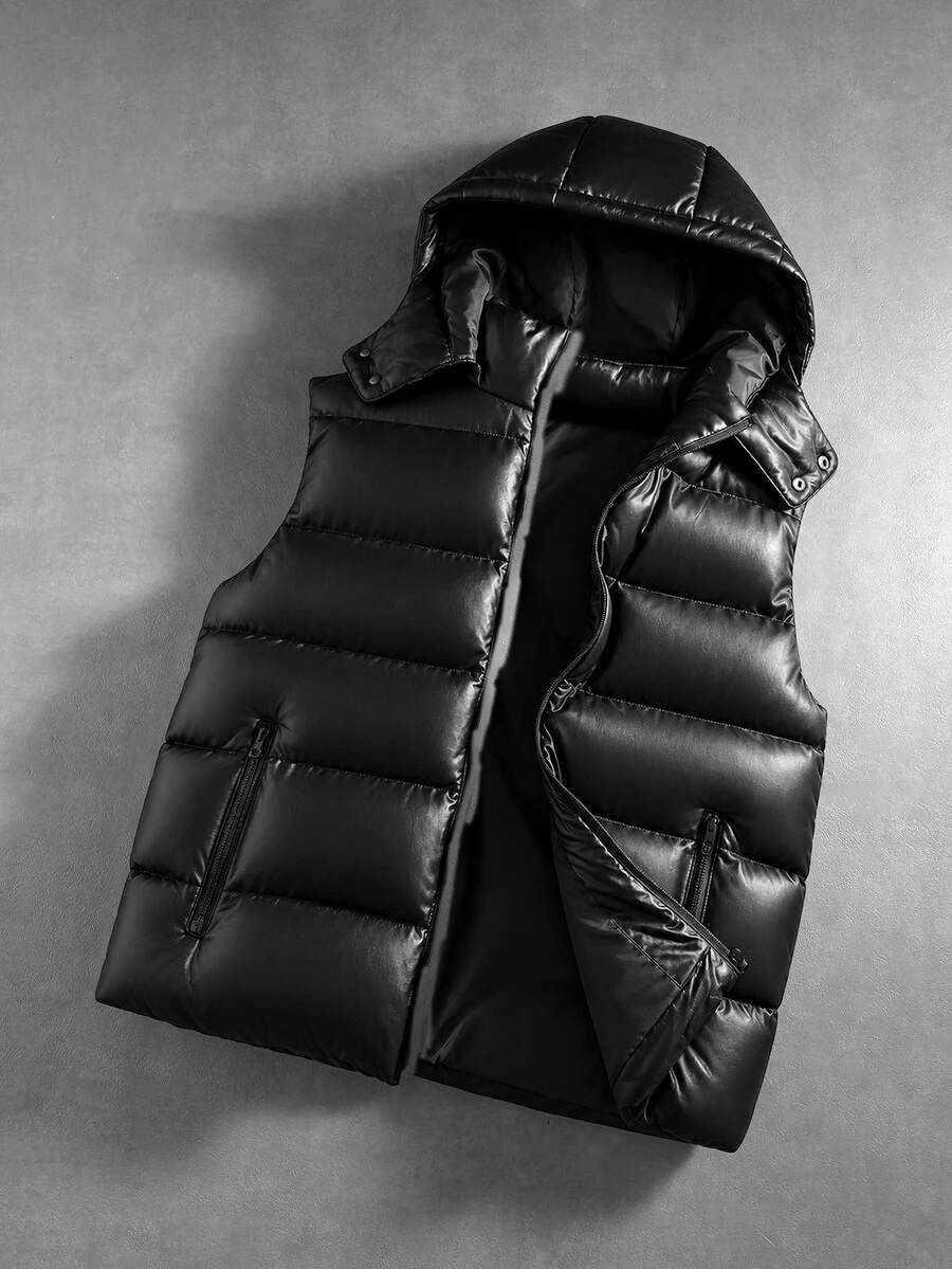 PAVTROS Men's Goth Zipper Pocket Hooded Padded Vest Jacket For New Year's Day - Black - View 1