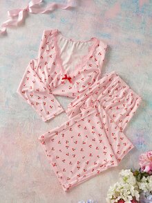 Elorette Plus Size Women's Cherry Print Bow Decor Long Sleeve Top And Pants Pajama Set - White - View 3