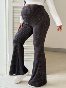 SHEIN Maternity Solid Color Adjustable Waist Casual Ribbed Flare Leggings - Grey - View 5