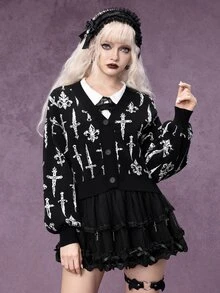ROMWE Dark Gothic Punk Pattern Short Knit Cardigan For Women - Black - View 1